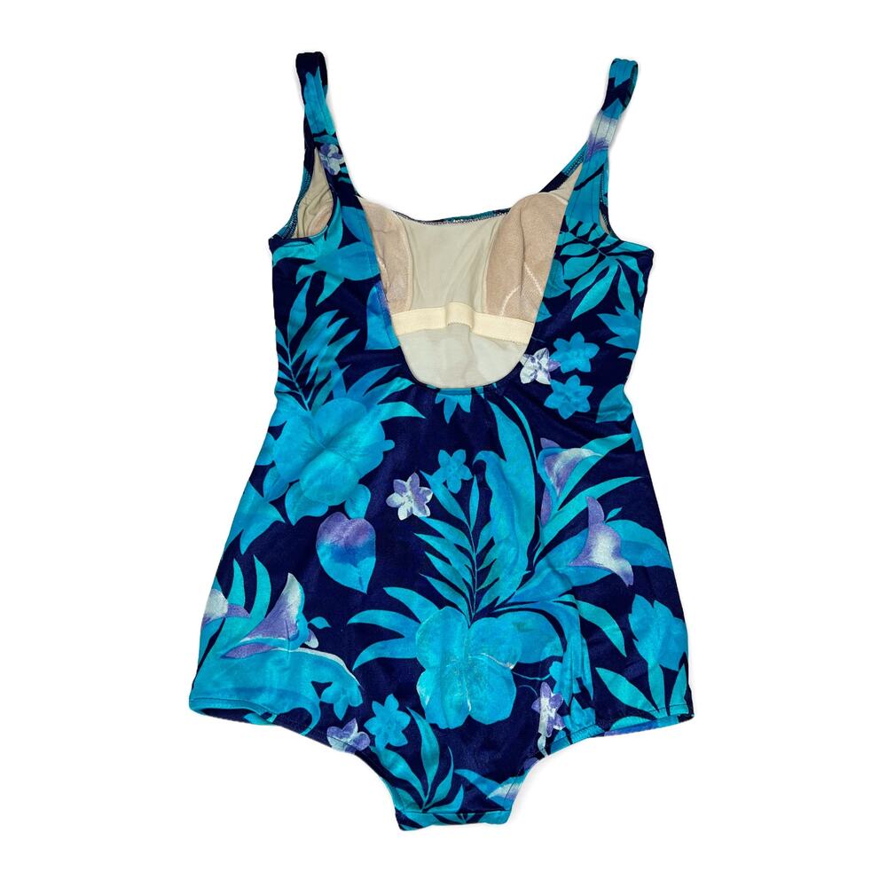 Vintage 80s Hawaiian Tropical Floral One-Piece Skirted Swimsuit Blue size M/L - Picture 3 of 9